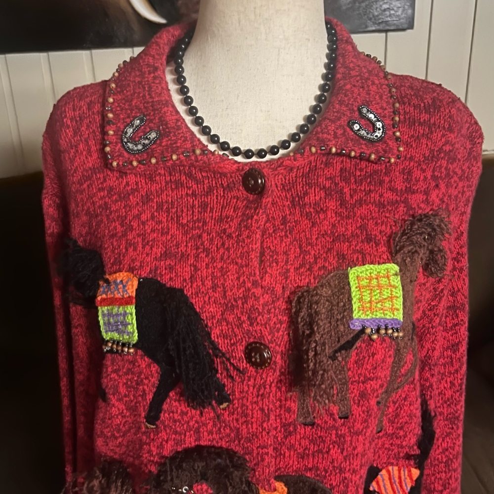 Designs Options By Gordon ~ X-Large ~ Red/Brown ~ Western/ Horse ~ Sweater ~ New - Picture 5 of 16